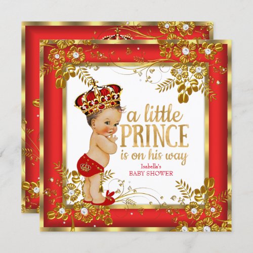 Prince Baby Shower Boy Red Gold White Brunette Invitation