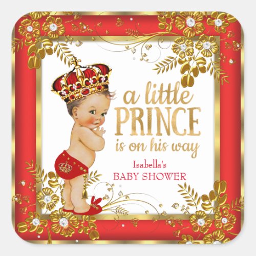 Prince Baby Shower Boy Red Gold White Brunette Square Sticker