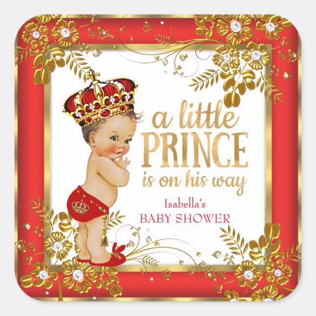 Prince Baby Shower Boy Red Gold White Brunette Square Sticker (Front)