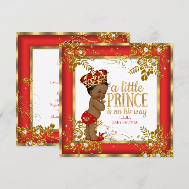 Prince Baby Shower Boy Red Gold White Ethnic Invitation (Front/Back)