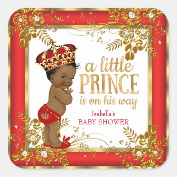 Prince Baby Shower Boy Red Gold White Ethnic Square Sticker by VintageBabyShop at Zazzle