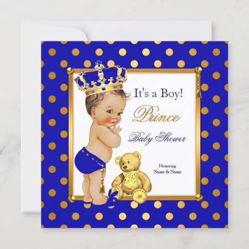 Prince Baby Shower Boy Royal Blue Gold Brunette Invitation