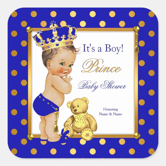Prince Baby Shower Boy Royal Blue Gold Brunette Square Sticker (Front)