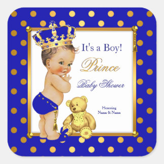 Prince Baby Shower Boy Royal Blue Gold Brunette Square Sticker