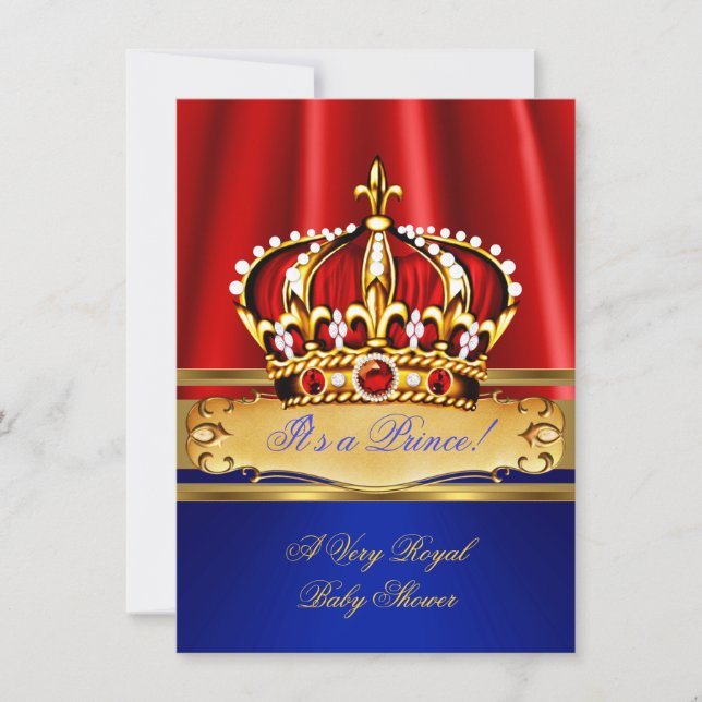 Prince Baby Shower Boy Royal Blue Gold Red Crown 2 Invitation (Front)