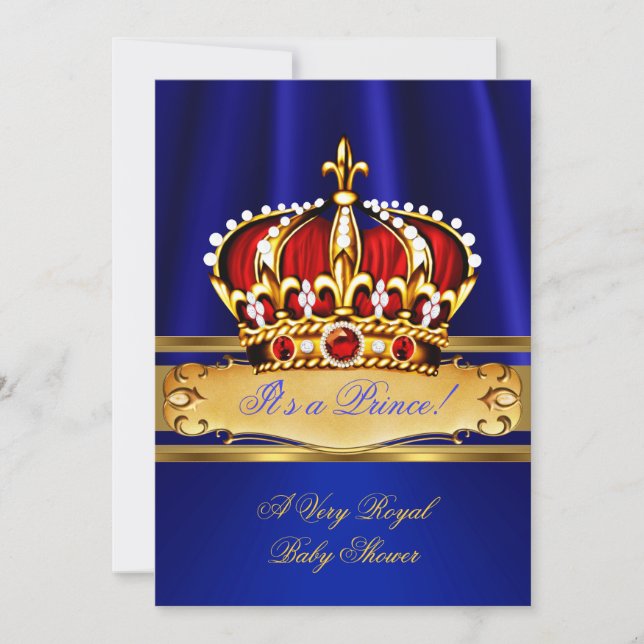 Prince Baby Shower Boy Royal Blue Gold Red Crown Invitation (Front)