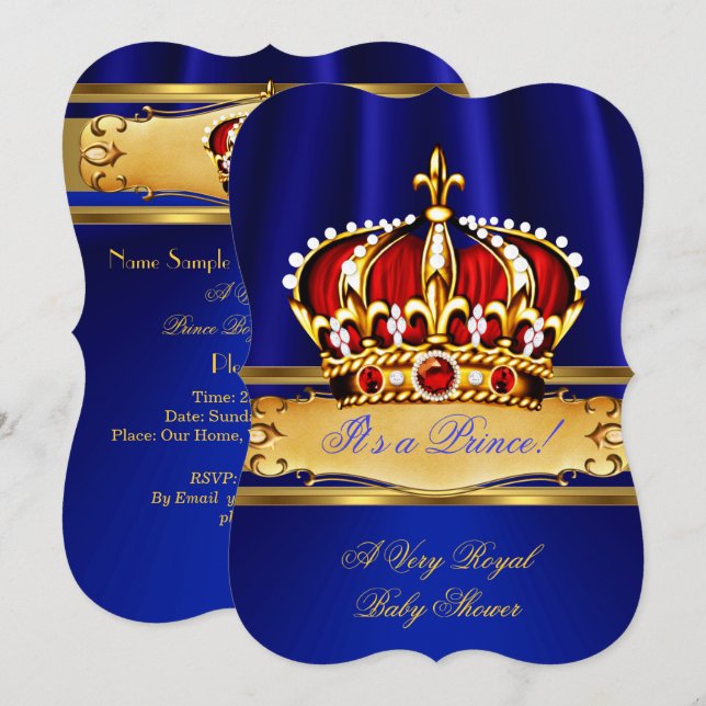 Prince Baby Shower Boy Royal Blue Gold Red Crown Invitation (Front/Back)