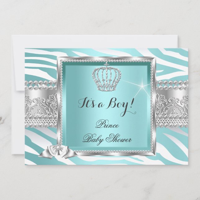 Prince Baby Shower Boy Teal Blue Mint Zebra Invitation (Front)