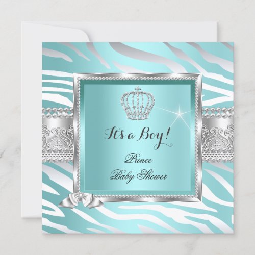 Prince Baby Shower Boy Teal Blue Mint Zebra Invitation