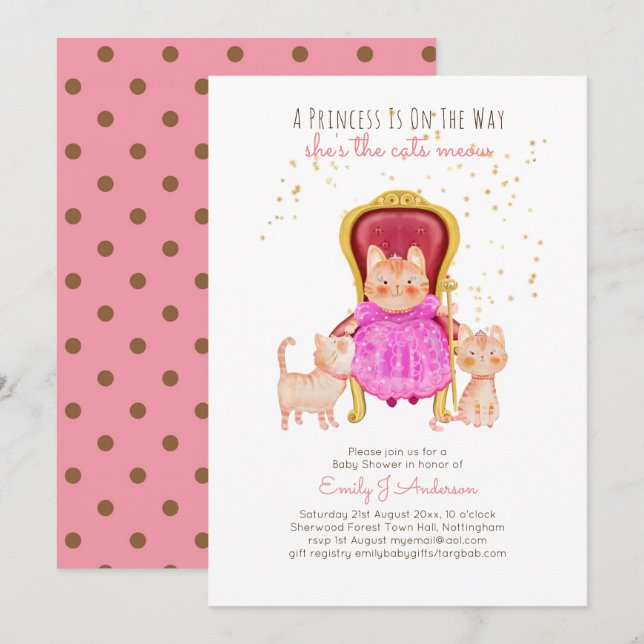 Prince Baby Shower Cats Kitten Girls Pink Cute Invitation (Front/Back)