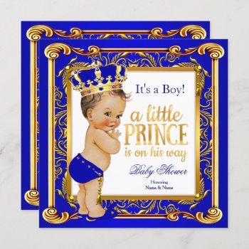 Prince Baby Shower Damask Blue Gold Brunette Invitation by VintageBabyShop at Zazzle