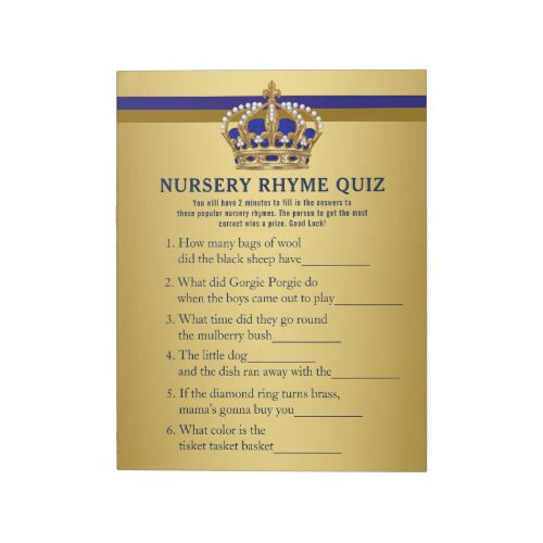 Prince Baby Shower Games Prince Nursery Rhyme Quiz Notepad