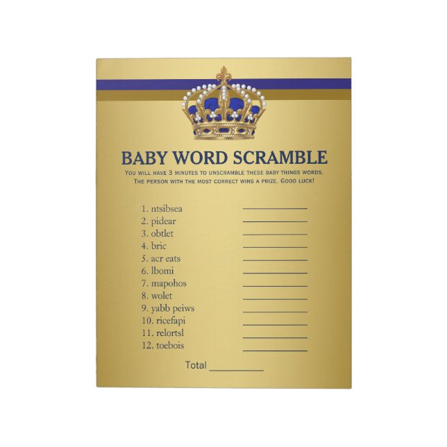 Prince Baby Shower Games Prince Word Scramble Notepad (Rotated)