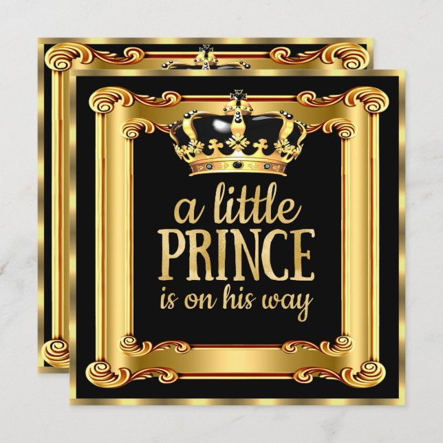 Prince Baby Shower Gold Faux Foil Black Frame Invitation (Front/Back)