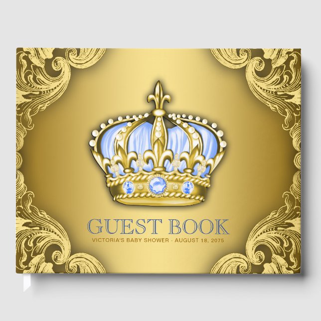 Prince Baby Shower Guest Book Baby Blue and Gold (Front)