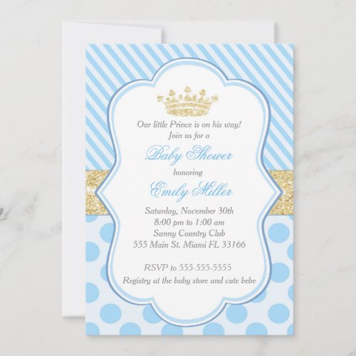 Prince Baby Shower Invitation Blue Gold Glitter