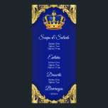 Prince Baby Shower Menu<br><div class="desc">Prince baby shower menu with beautiful royal blue and gold crown on an elegant royal blue and gold swirl background. These royal blue and gold prince baby shower menus are easily customized for your event by simply adding your details in the font style any layout you prefer.</div>