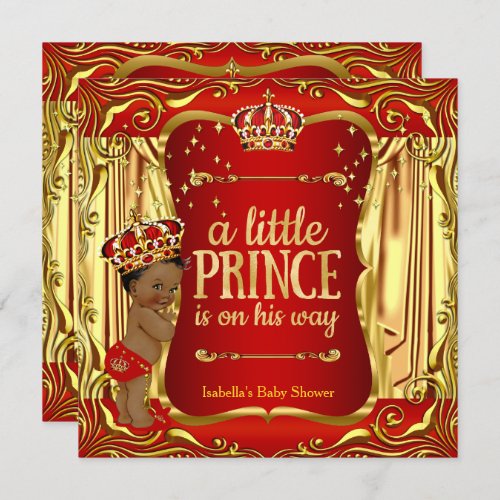 Prince Baby Shower Red Gold African American Invitation