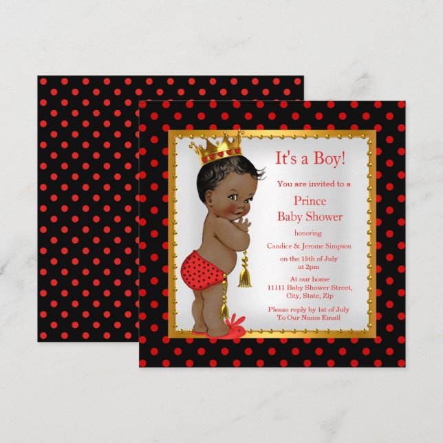 Prince Baby Shower Red Gold Black Boy Ethnic Invitation (Front/Back)