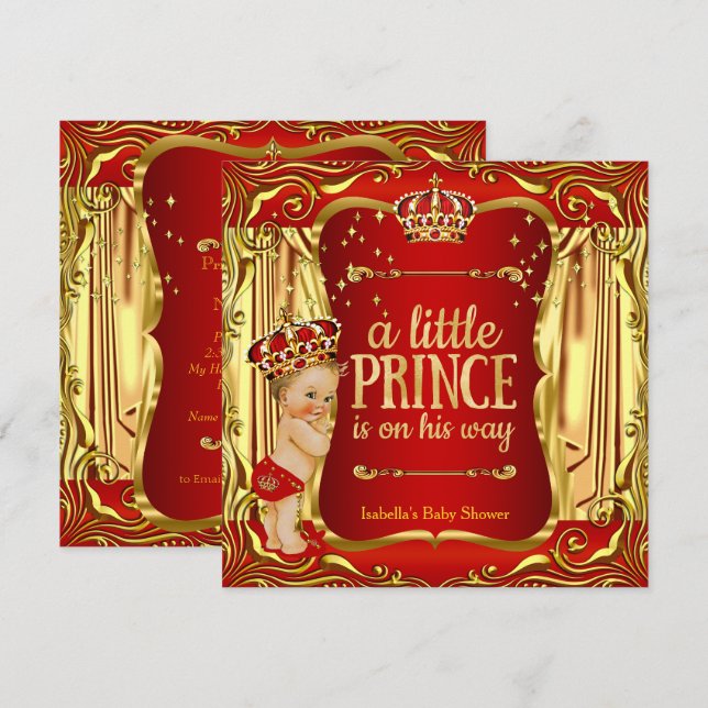 Prince Baby Shower Red Gold Boy Blonde Invite (Front/Back)
