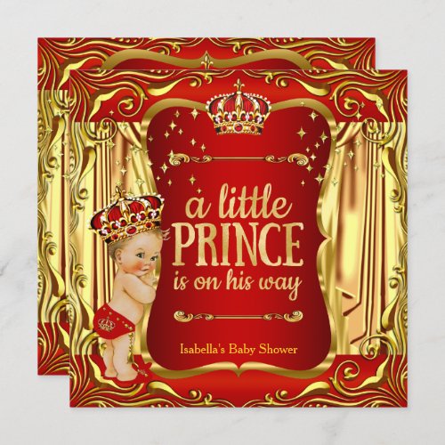 Prince Baby Shower Red Gold Boy Blonde Invite