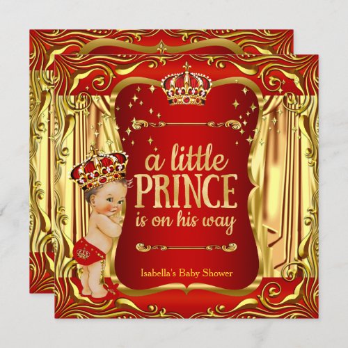 Prince Baby Shower Red Gold Boy Brunette Invite