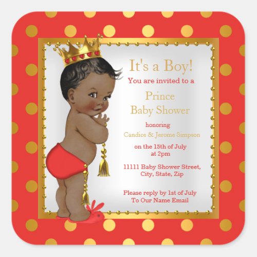 Prince Baby Shower Red Gold Boy Ethnic Square Sticker