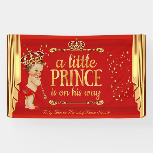 Prince Baby Shower Red Gold Drapes Brunette Boy Banner