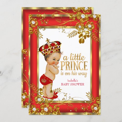 Prince Baby Shower Red Gold White Brunette Boy Invitation