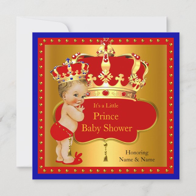 Prince Baby Shower Red Royal Blue Boy Crown Blonde Invitation (Front)