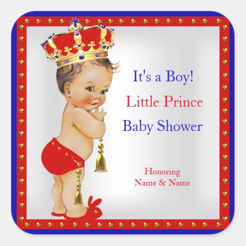 Prince Baby Shower Red White Blue Boy Brunette Square Sticker