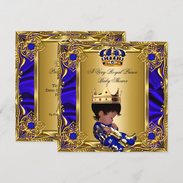 Prince Baby Shower Regal Gold Royal Blue Boy Invitation (Front/Back)