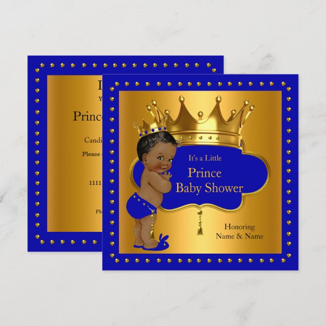 Prince Baby Shower Royal Blue Boy Crown Ethnic Invitation (Front/Back)