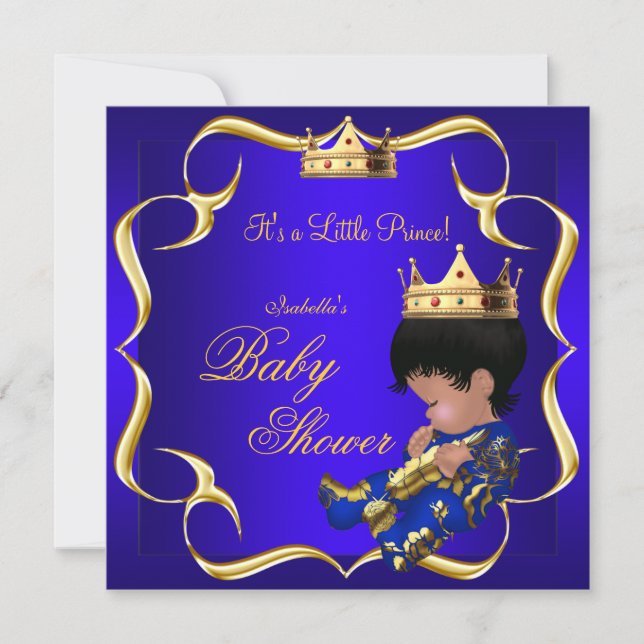 Prince Baby Shower Royal Blue Gold Boy Crown 3 Invitation (Front)
