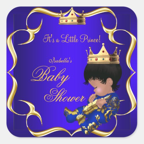 Prince Baby Shower Royal Blue Gold Boy Crown 3 Square Sticker
