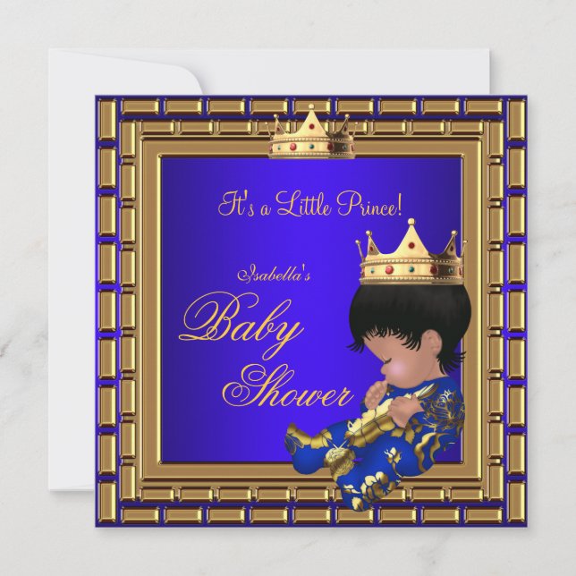 Prince Baby Shower Royal Blue Gold Boy Crown 4 Invitation (Front)