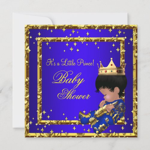 Prince Baby Shower Royal Blue Gold Boy crown Stars Invitation