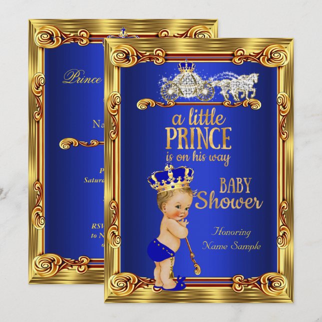 Prince Baby Shower Royal Blue Gold Carriage Blond Invitation (Front/Back)