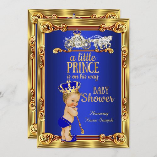 Prince Baby Shower Royal Blue Gold Carriage Blond Invitation