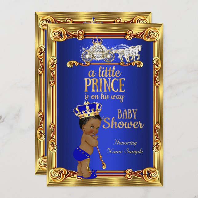 Prince Baby Shower Royal Blue Gold Carriage Ethnic Invitation (Front/Back)