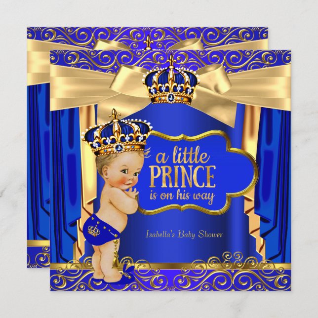 Prince Baby Shower Royal Blue Gold Drapes Blonde Invitation (Front/Back)