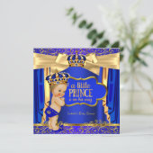Prince Baby Shower Royal Blue Gold Drapes Blonde Invitation (Standing Front)
