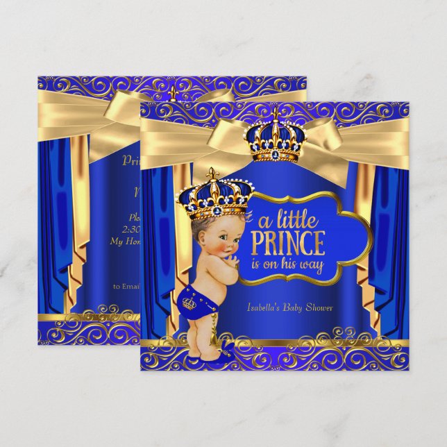 Prince Baby Shower Royal Blue Gold Drapes Brunette Invitation (Front/Back)