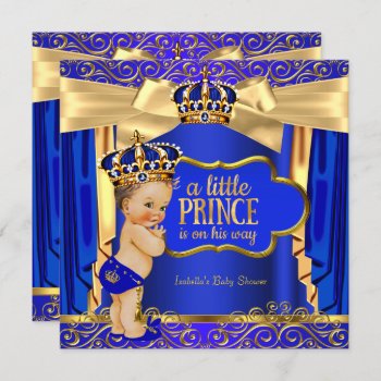 Prince Baby Shower Royal Blue Gold Drapes Brunette Invitation by VintageBabyShop at Zazzle