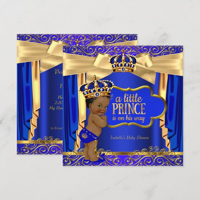 Prince Baby Shower Royal Blue Gold Drapes Ethnic Invitation (Front/Back)