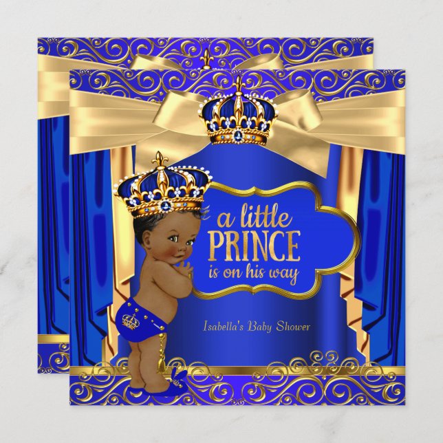 Prince Baby Shower Royal Blue Gold Drapes Ethnic Invitation (Front/Back)