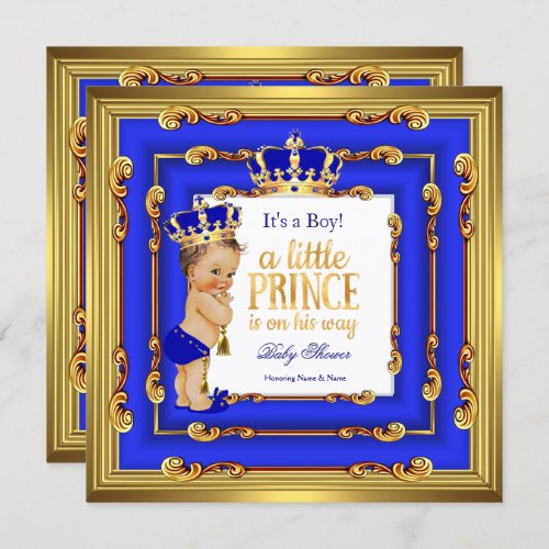 Prince Baby Shower Royal Blue Gold Frame Brunette Invitation