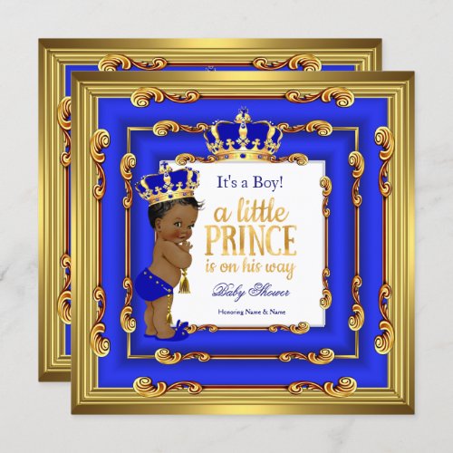 Prince Baby Shower Royal Blue Gold Frame Ethnic Invitation