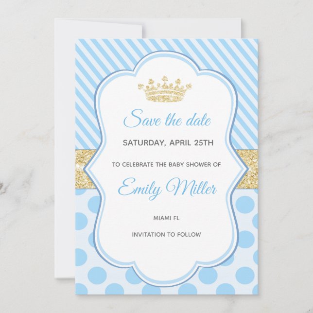 Prince Baby Shower Save The Date Blue Gold Glitter (Front)