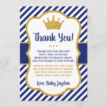 Prince Baby Shower Thank You Card | Blue And Gold by PuggyPrints at Zazzle